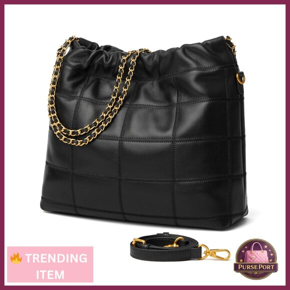 Quilted Leather Shoulder Bag Medium Tote with Crossbody Strap Lambskin